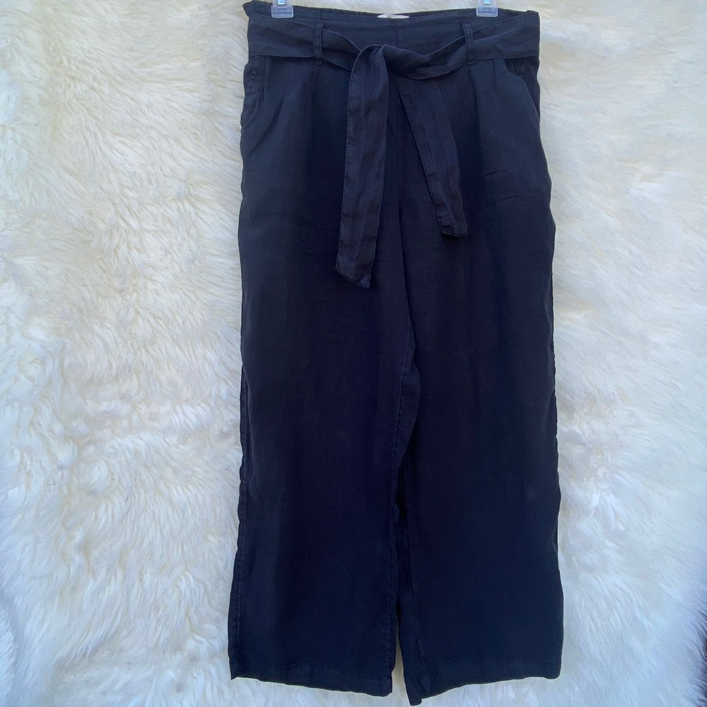 Nicole Miller New York Black 100% Linen Belted Wide Leg Cropped Pants Size S